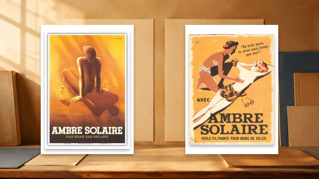 Deux publicités historiques Ambre Solaire présentées côte à côte dans une composition éditoriale
